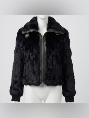 Black Rabbit Fur Double Zip Oversized Stand Collar Bomber Jacket